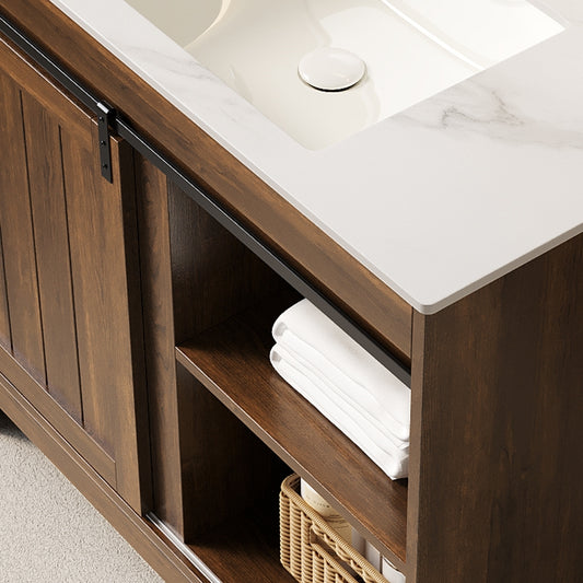 Dark Walnut Farmhouse Bathroom Vanity with Sintered Stone Countertop & Ceramic Basin