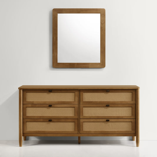 Brown Rattan & Rubberwood 6-Drawer Dresser with Mirror – Modern Bedroom Storage, Light Walnut Finish, Solid Wood Frame
