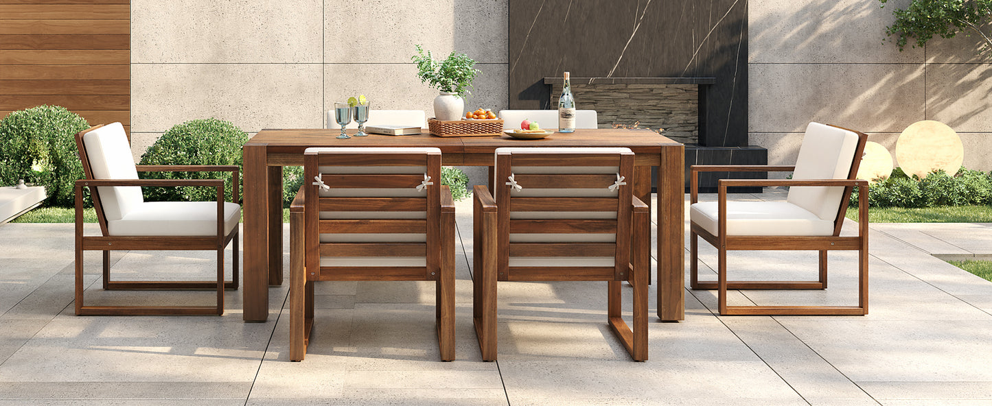 Rustic Acacia Wood Patio Dining Set for 6 – Weatherproof, UV-Resistant Outdoor Furniture with Built-in Umbrella Hole & Space-Saving Design