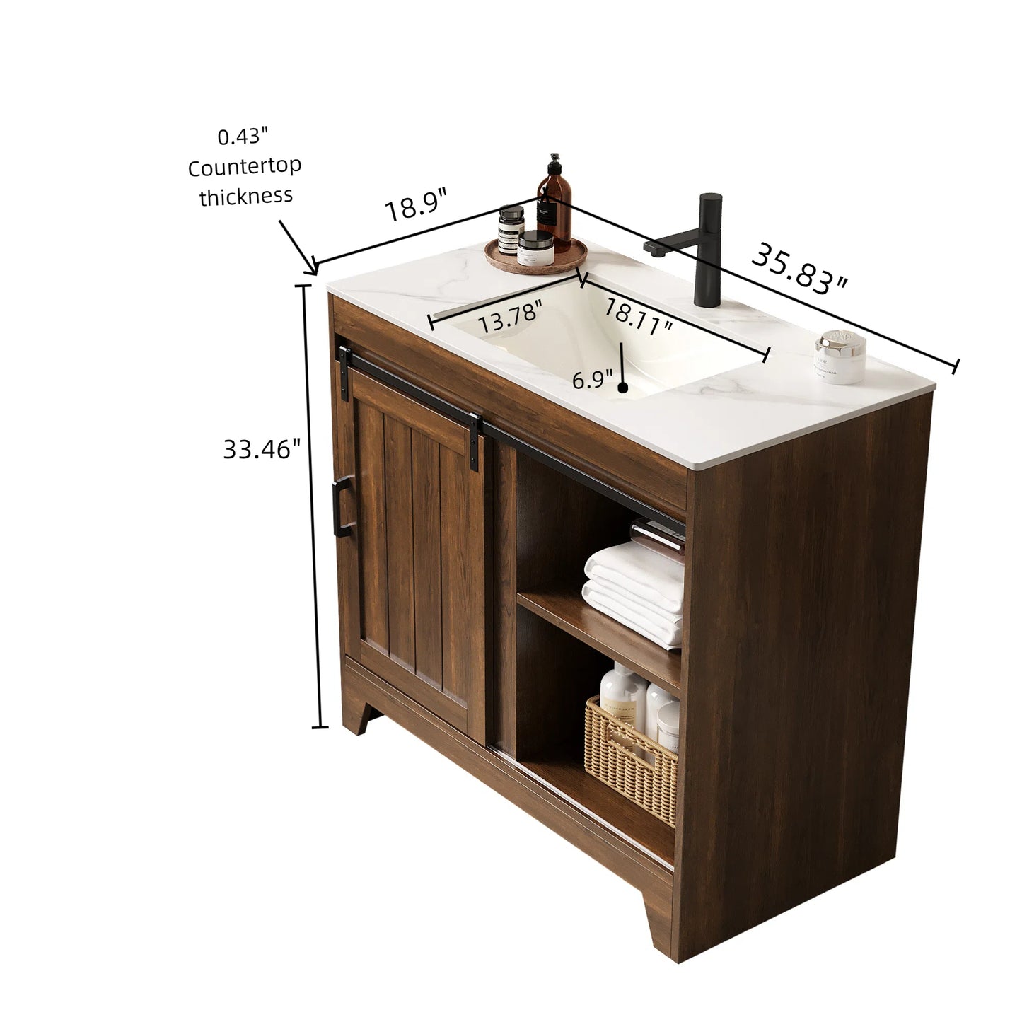 Dark Walnut Farmhouse Bathroom Vanity with Sintered Stone Countertop & Ceramic Basin