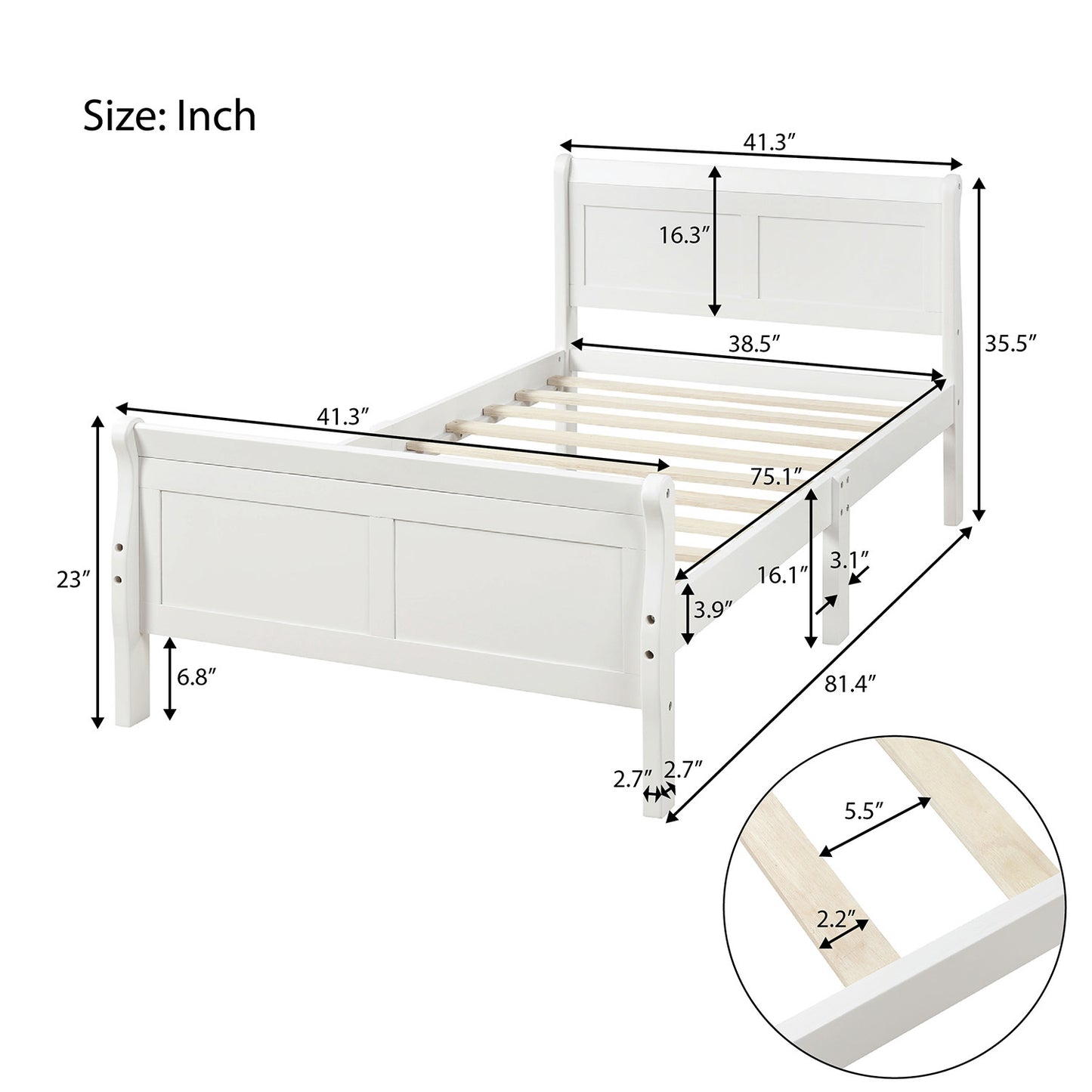 White Twin Solid Wood Platform Bed – Handcrafted Sleigh Design, No Box Spring Needed