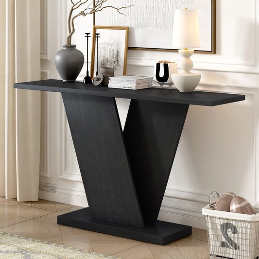 Black Minimalist Console Table with Acacia Veneer – V-Shaped Base, Easy Assembly