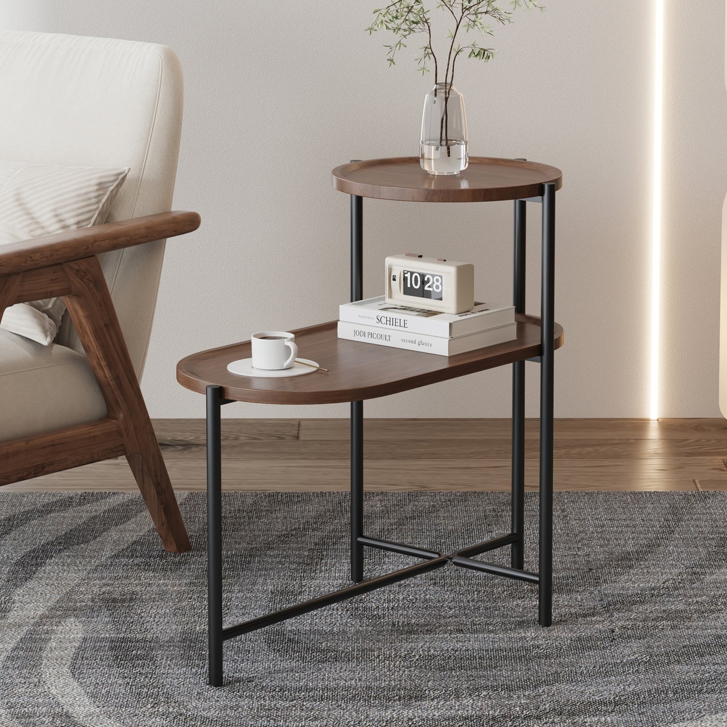 Modern Oval Side Table with Storage - Walnut Brown Metal Frame & MDF Trays