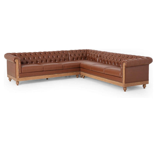 Light Brown PU Leather Corner Sectional Sofa for 6 – Vintage Tufted Design, Solid Wood Legs