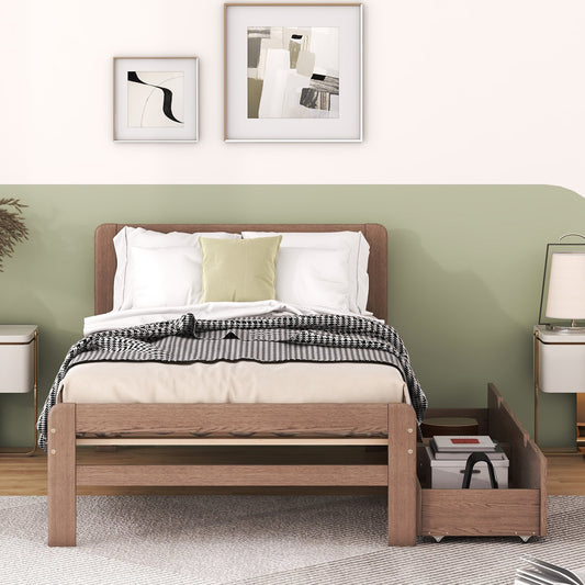 Walnut Twin Bed Frame with Storage – Solid Rubber Wood Platform Bed, No Box Spring Needed
