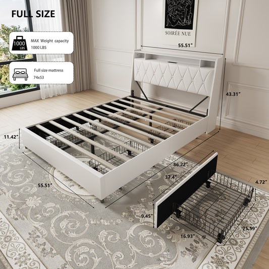 White Full Size Bed Frame with Headboard – Built-In USB Outlets, Storage Shelf & Metal Platform, No Box Spring Needed