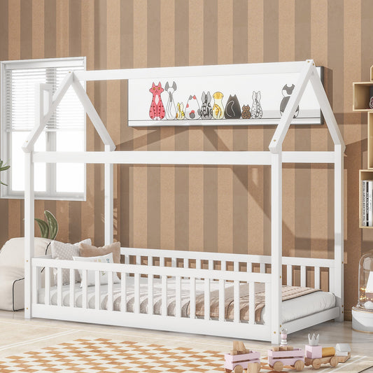 White House-Shaped Twin Bed Frame with Guardrails – Natural Pine Wood, Easy Assembly