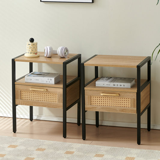 Rattan Side Table with Drawer - Natural MDF & Metal Frame
