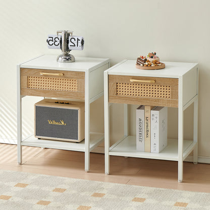 White Rattan & Metal Side Table Set - 2-Pack Modern Storage with Smooth Drawer