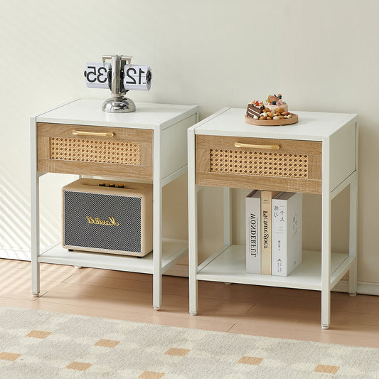 White Rattan & Metal Side Table Set - 2-Pack Modern Storage with Smooth Drawer