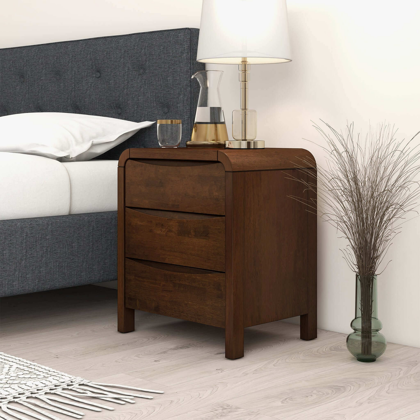 Modern Solid Wood Nightstand with 3 Drawers Walnut Retro Design