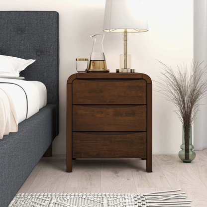 Modern Solid Wood Nightstand with 3 Drawers Walnut Retro Design