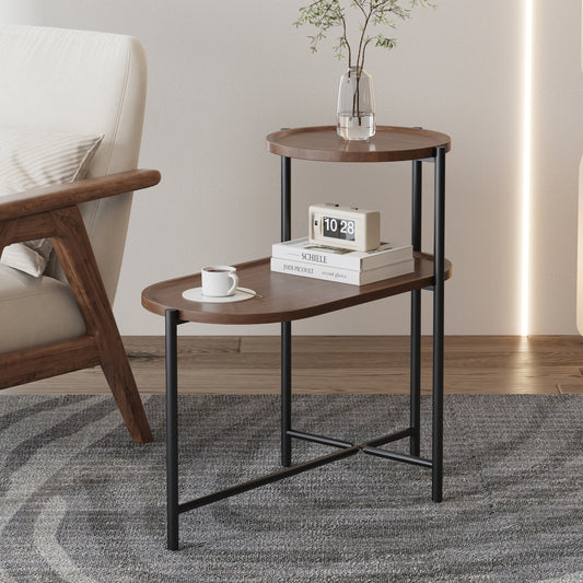 Modern Oval Side Table with Storage - Walnut Brown Metal Frame & MDF Trays