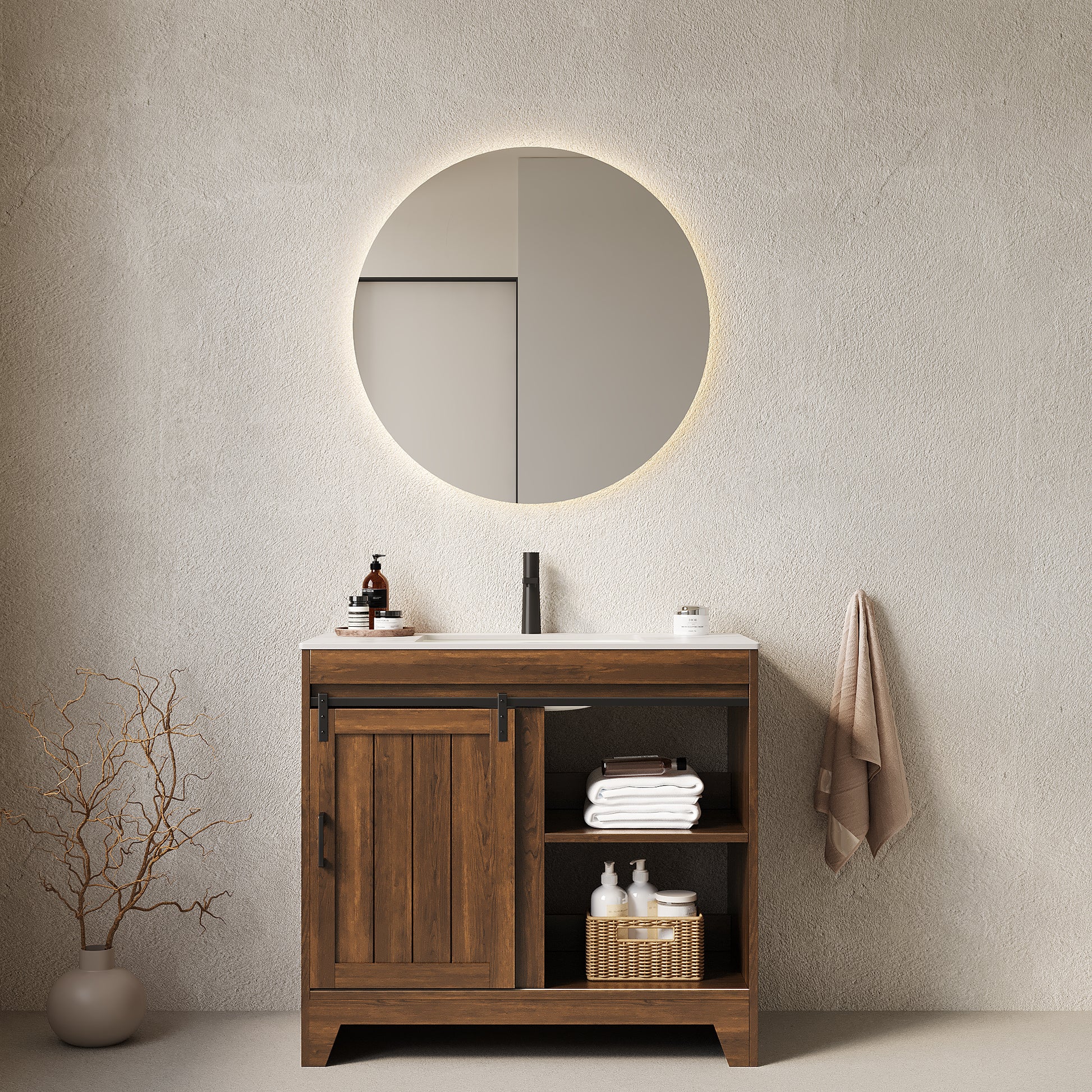 Dark Walnut Farmhouse Bathroom Vanity with Sintered Stone Countertop & Ceramic Basin