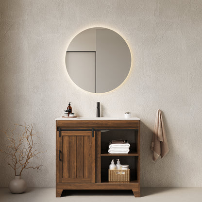 Dark Walnut Farmhouse Bathroom Vanity with Sintered Stone Countertop & Ceramic Basin