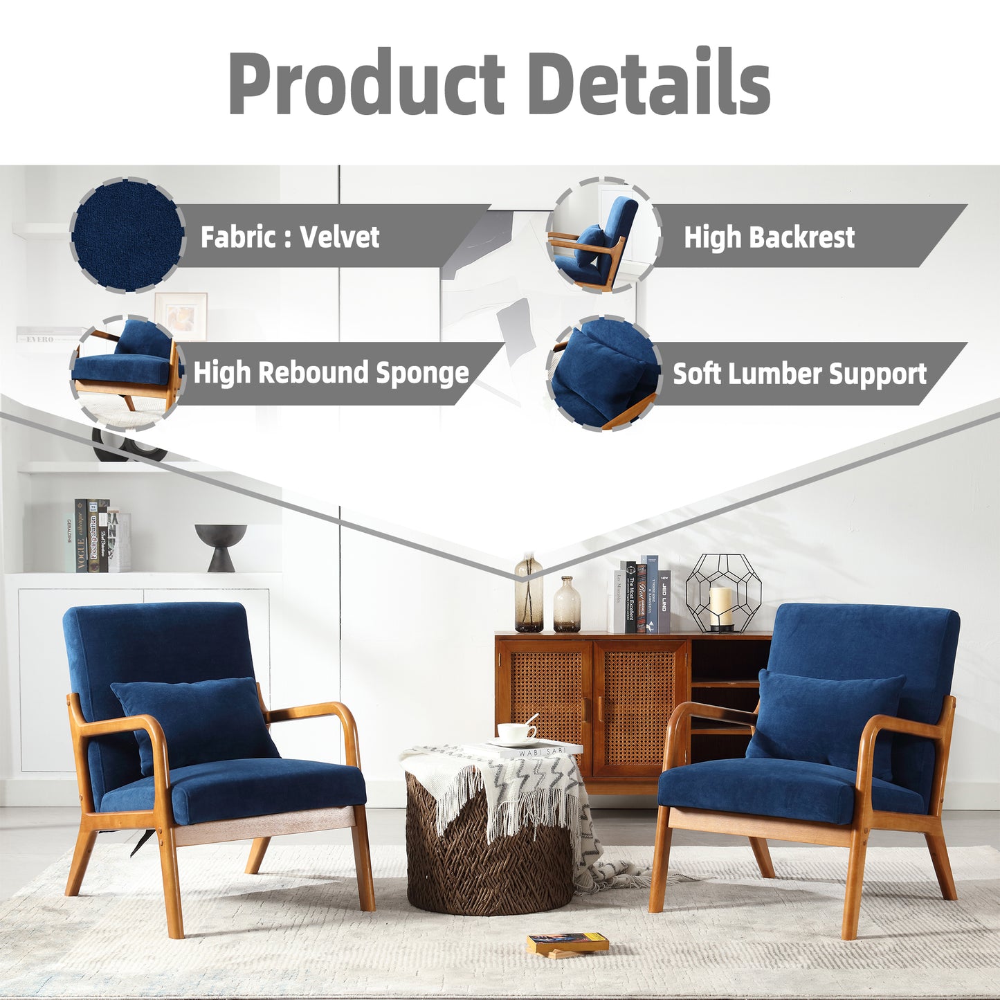 Modern Navy Velvet Accent Chair with Solid Rubberwood Frame – 300lb Capacity, Easy Assembly